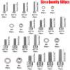 600-piece Stainless Steel Hex Bolt and Nut Kit, M3 M4 M5 M6 for Industrial Equipment and Home Maintenance.