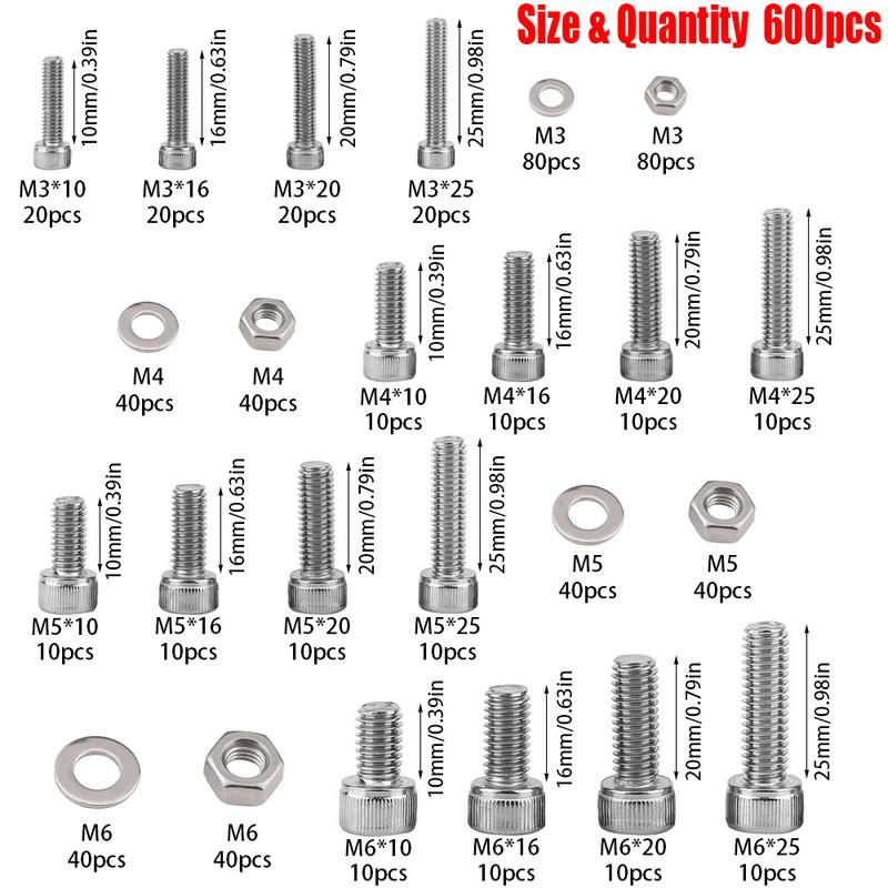 600-piece Stainless Steel Hex Bolt and Nut Kit, M3 M4 M5 M6 for Industrial Equipment and Home Maintenance.