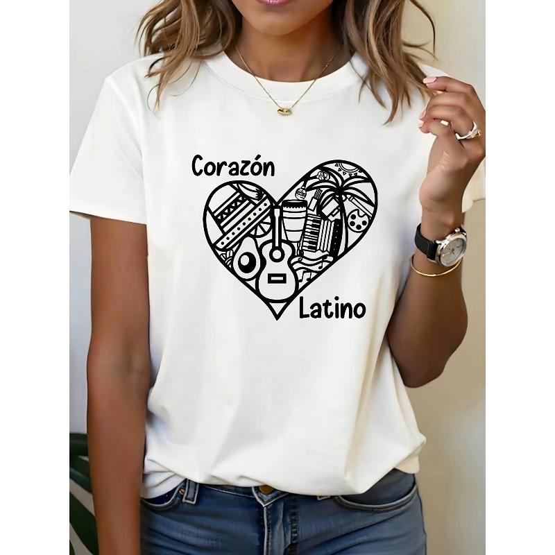 

Plus Size, Plus-size T-shirt Featuring Latin-inspired Heart Design, White Short-sleeve Crewneck Printed Tee - Machine Washable S
