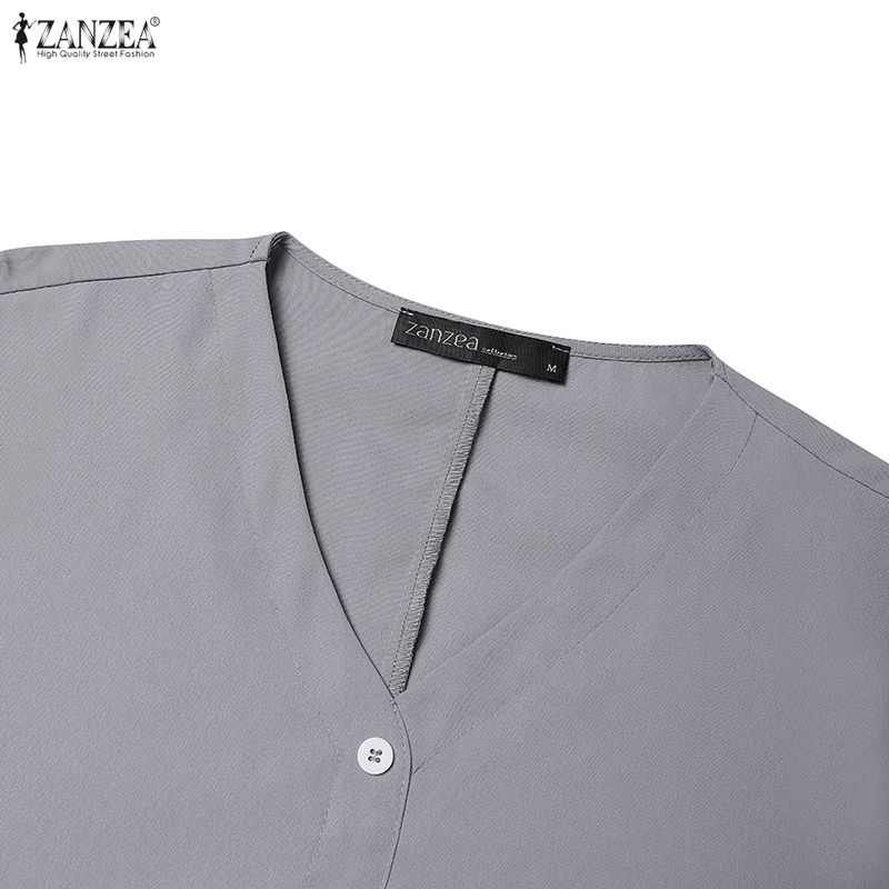 ZANZEA Women Casual V-Neck Loose Long Sleeve Solid Long Dress