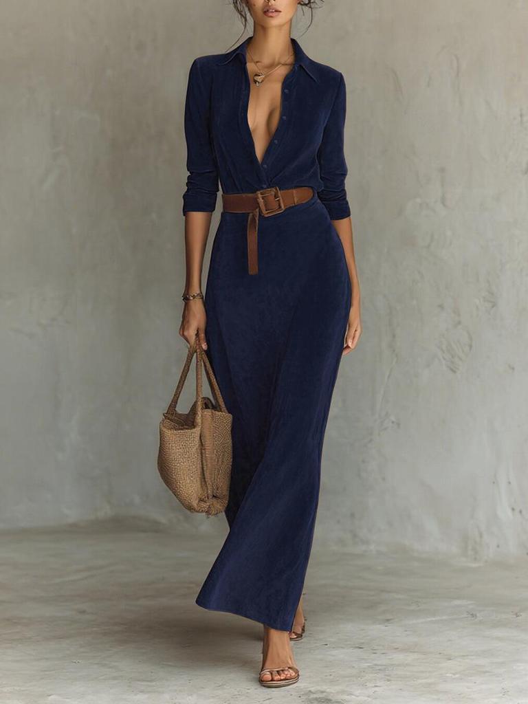 2025 Autumn/Winter Suede Plush Waist-Cinching Belted Shirt Dress
