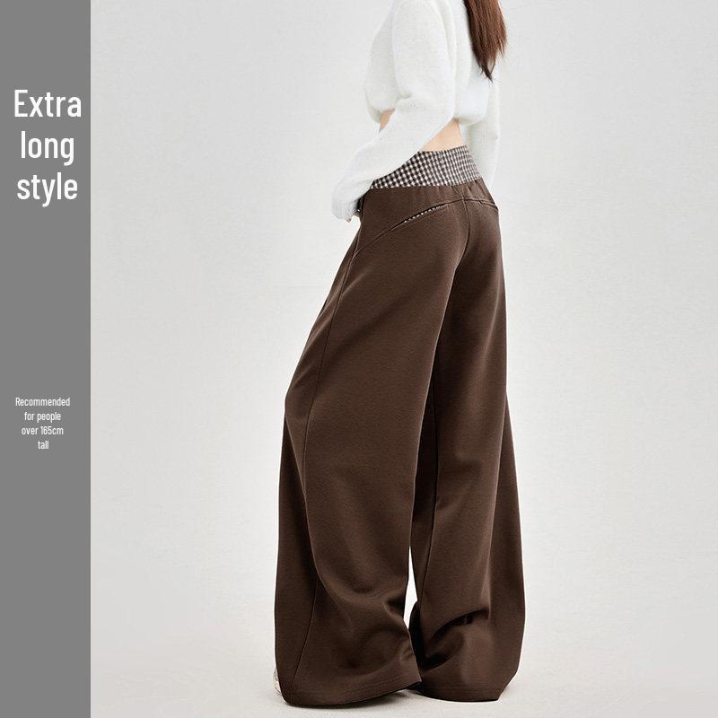 

Maillard Brown Women s Wide-Leg Plaid Patchwork Pants - High-Waisted Retro Casual for Spring 2026 Large
