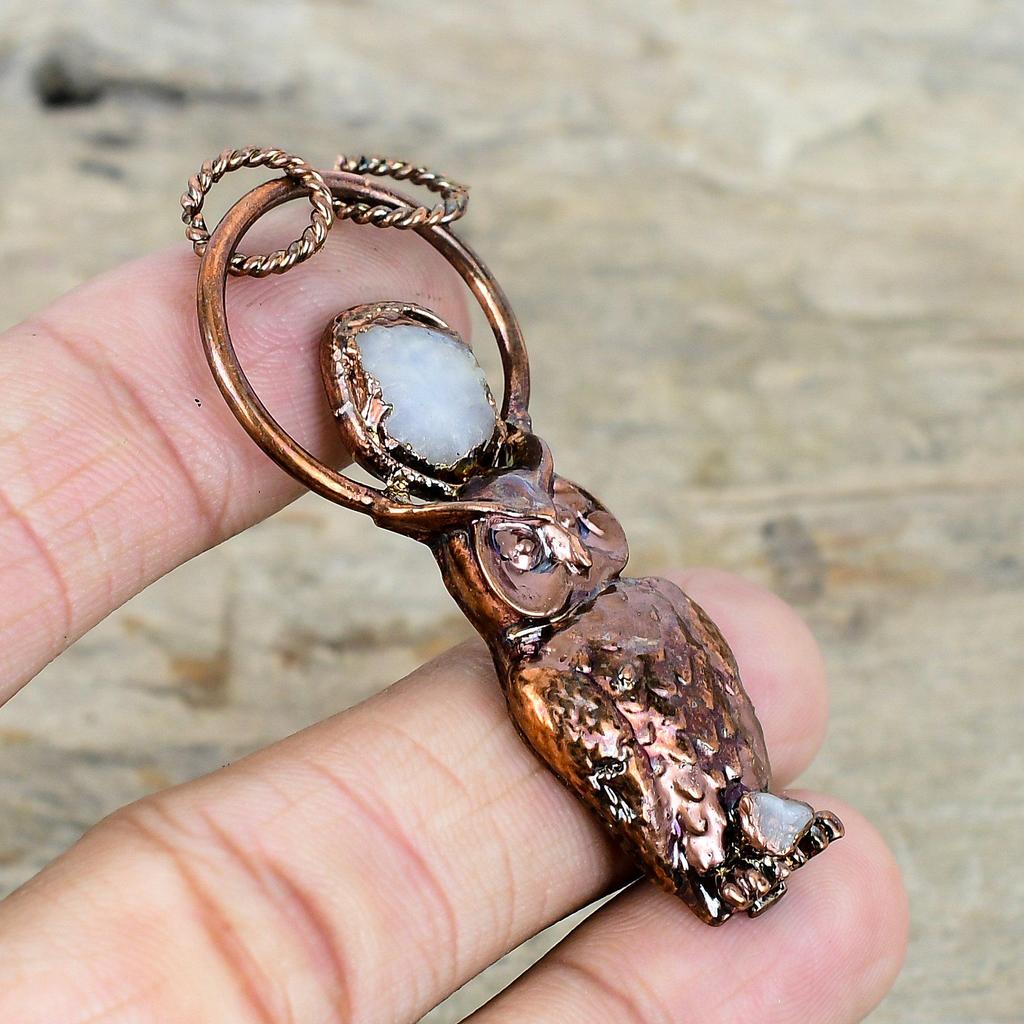 Rainbow Moonstone Rough Pendant Electroformed Copper Pendant Natural Gemstone Pendant Owl Pendant Handmade Copper Jewelry Anniversary Gifts