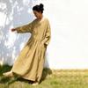 Johnature Women Vintage Dresses Spring Chinese Style Solid Color Robes V-Neck Long Sleeve A-Line Dress