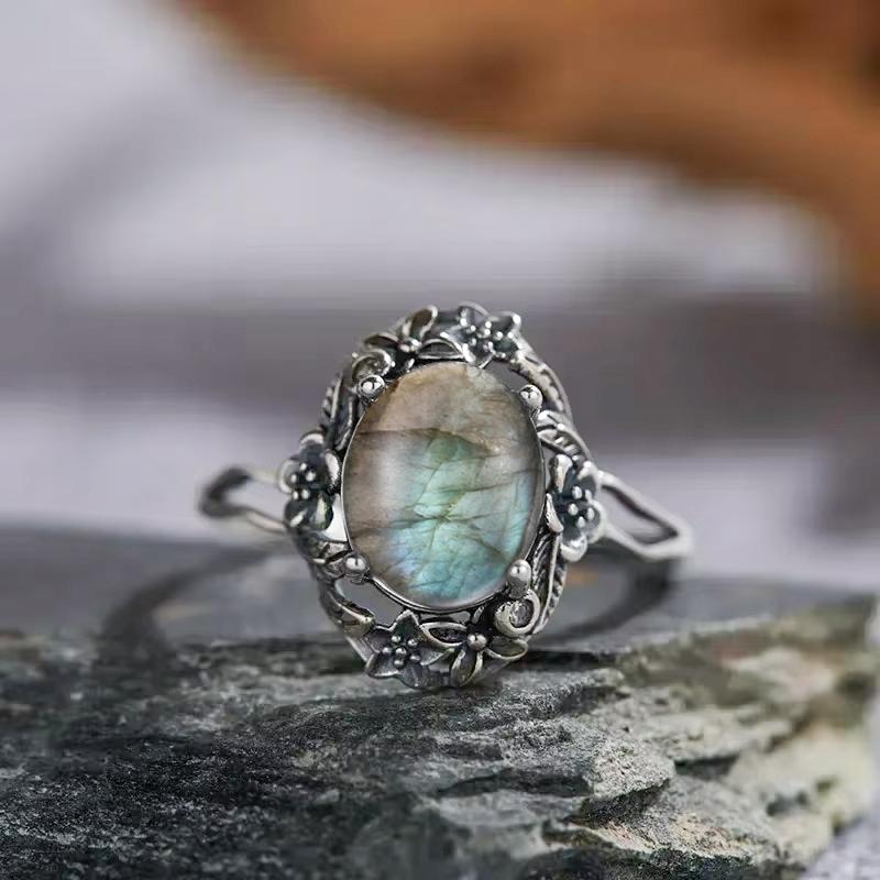 Vintage 925 Silver Ring Irregular Flowers Natural Rose Quartz Punk Ring Bohemian Silver Ring Fine Jewelry For Women