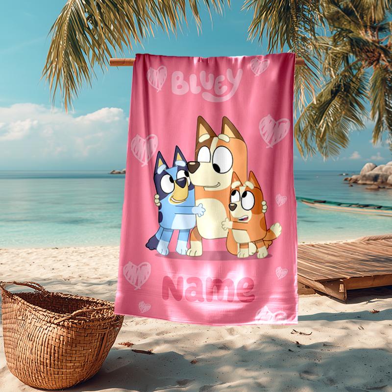 Custom Name Ultra-Soft Beach Towel with Bluey Theme,Ideal for Pool - Camping, Diving - Perfect Travel Essential, Vibrant Beach Towel.