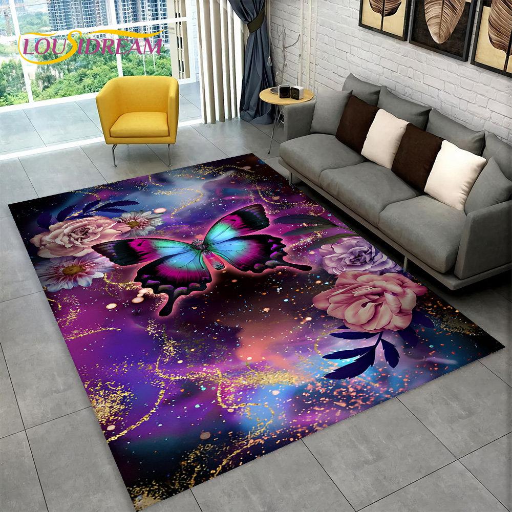 Dream Butterfly Flower Area Rug Large,Carpet Rug for Home Living Room Bedroom Sofa Doormat Decor,Kid Play Non-slip Floor Mats