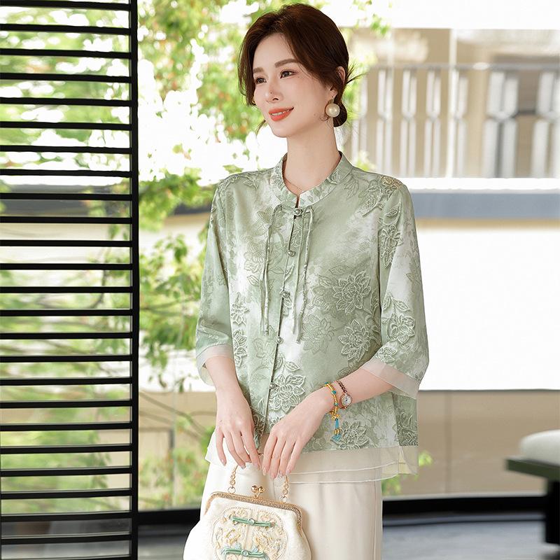 

2026 New Chinese Style Summer 7-Point Sleeve Shirt for Stylish Middle-Aged and Elderly Women 5XL (145-160 jin) зелёный