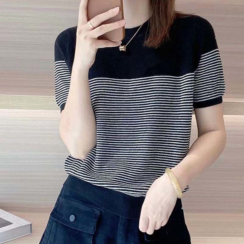 

Летняя женская трикотажная рубашка из тонкого полосатого шелка Ice Silk, футболка с коротким рукавом, женский свободный топ с круглым вырезом XL чёрный