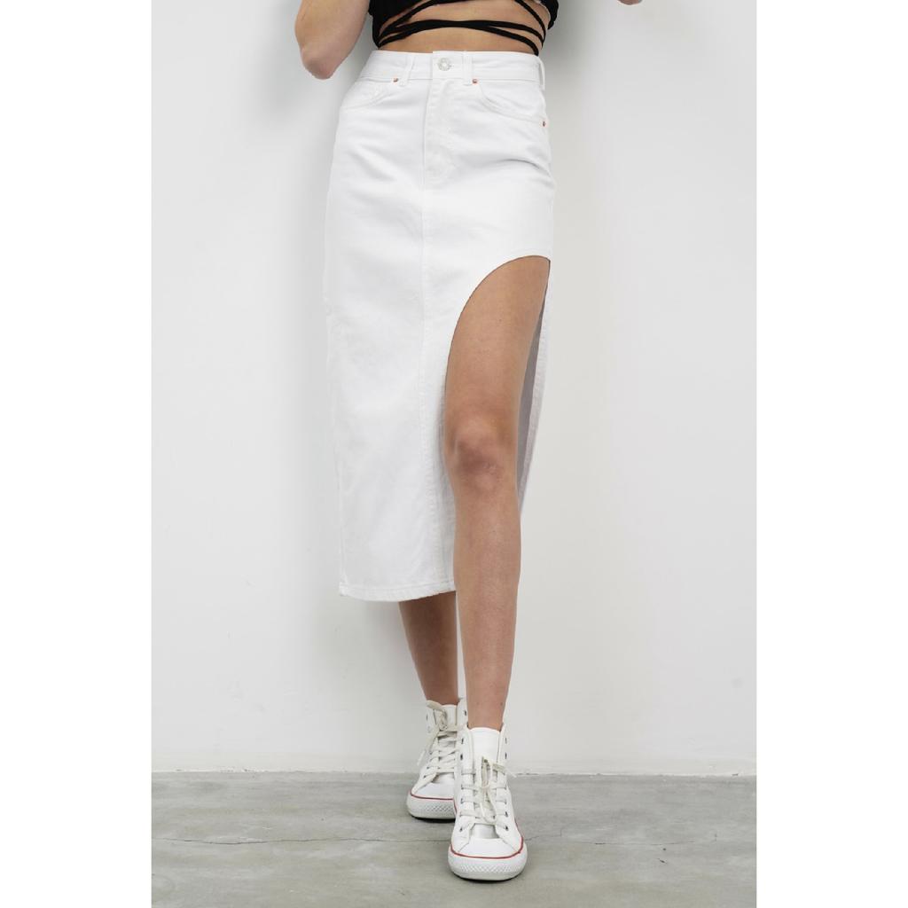 Women's Blue Denim Color Long Denim Skirt With Deep Slit Detail On The Side