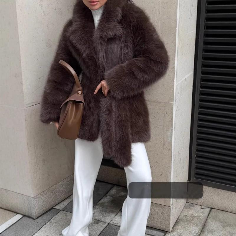 Womens Faux Fur Coat With Collar Belt Loose Fit Mid-Length Winter Jacket In Beige Coffee Black Burgundy White