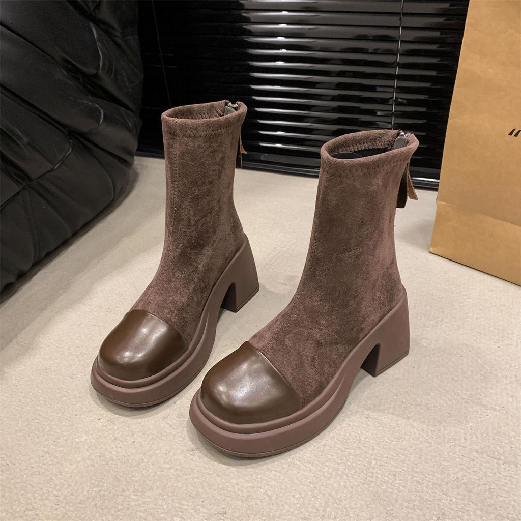 Retro thick-soled Martin boots women's 2025 autumn new versatile small height-increasing short boots thick heel thin elastic boots