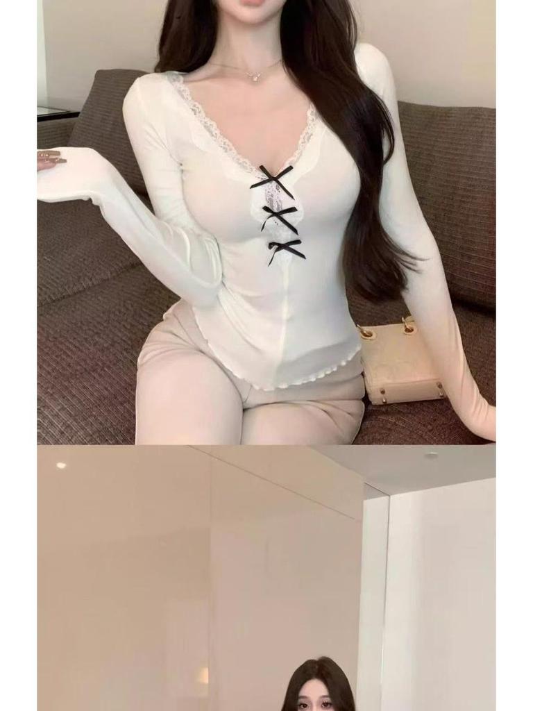 Sweet & Spicy V-Neck Bow Lace Trim Slim Fit Long Sleeve Women's Top (2026 Spring/Autumn)