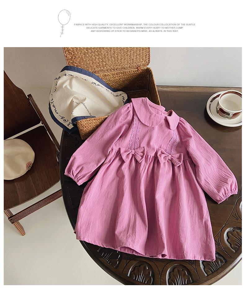 Lace Trim Bow Collar Long Sleeve Princess Dress for Kids - 2026 Autumn Collection