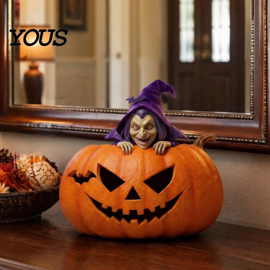 Halloween Desktop Decor Resin Pumpkin Witch Figurine, Spooky Bat Detailed Tabletop Decor, Stable Hand Carved Base Mini Statue for Window Showcase Home