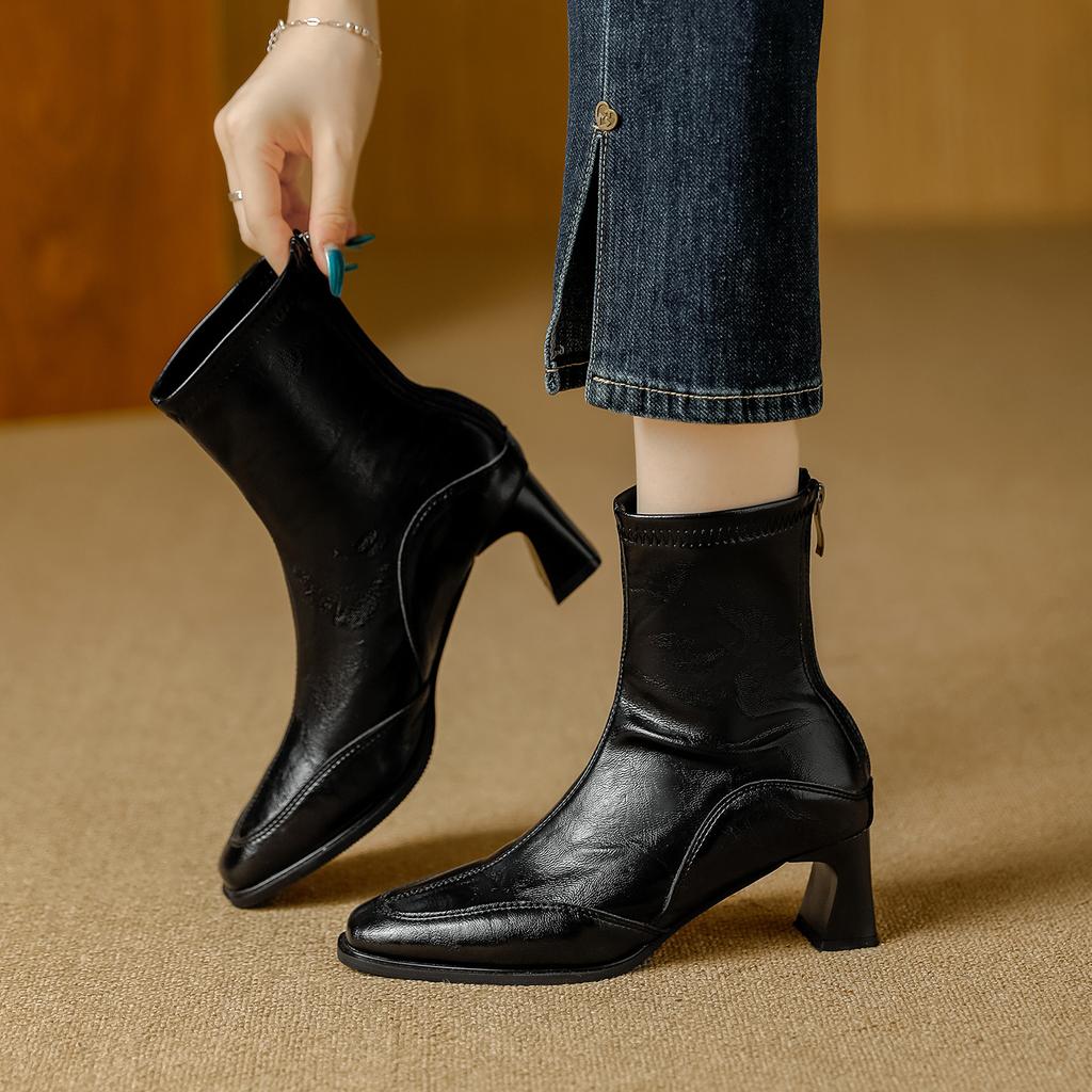 French Retro Square Head High-heeled Short Boots Women's Autumn New Rear Zipper Soft Leather Fashion Temperament Versatile Commuter Martin Boots