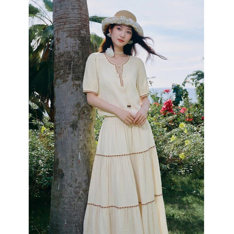 Bohemian Fringe V-Neck Puff Sleeve Two-Piece Set S
