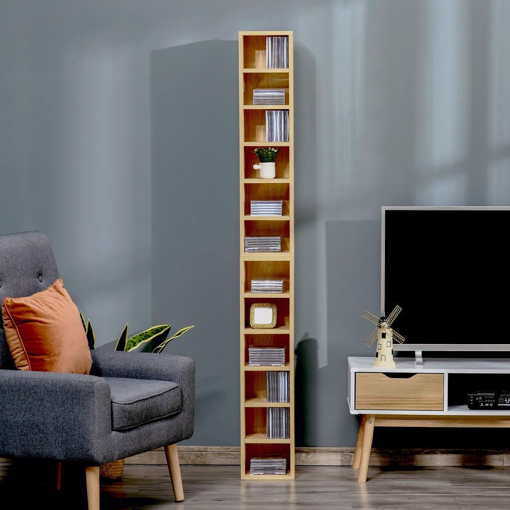 Set di 2 Scaffali a Colonna Armadietto per CD-DVD 6 + 6 Scomparti Dim. 21L x 19P x 88A cm Max. Capacità 160 CD Colore Faggio