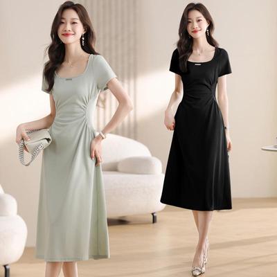 2024 Spring/Summer Pleated Short Sleeve Slim Waist Midi Dress for Women