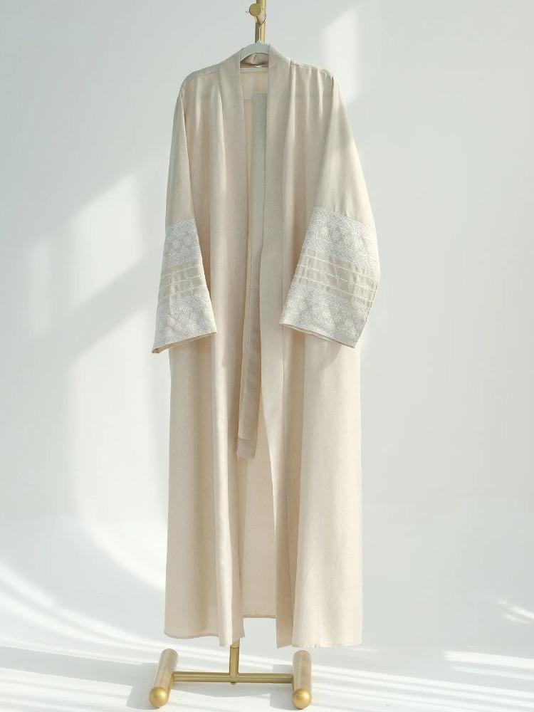 Fashion Embroidery Kimono Oversized Muslim Robe Syari Female Full Length Muslim Outerwear Worship Service Abaya With Belt Wy1946