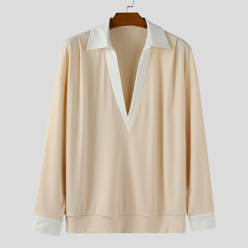 INCERUN Oversized Spring Men Deep V Neck Casual Long Sleeve Stitching Pullover T-shirts Tops
