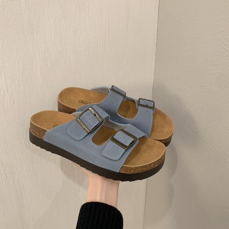 New Retro One-line Casual Beach Shoes for Women with Thick Soles and Soft Leather Slippers