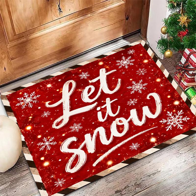 Winter Christmas Non Slip Red Black Plaid Bow Snowy House Design Indoor Outdoor Rug Xmas House Party Holiday Entry Decoration