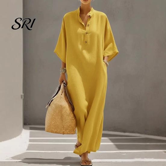 Women Dress Summer Stand Collar Maxi for Half Sleeve Button Up Curve Accentuating V Neck Long Loose Flowy Beach Sundress with Pockets V-neck