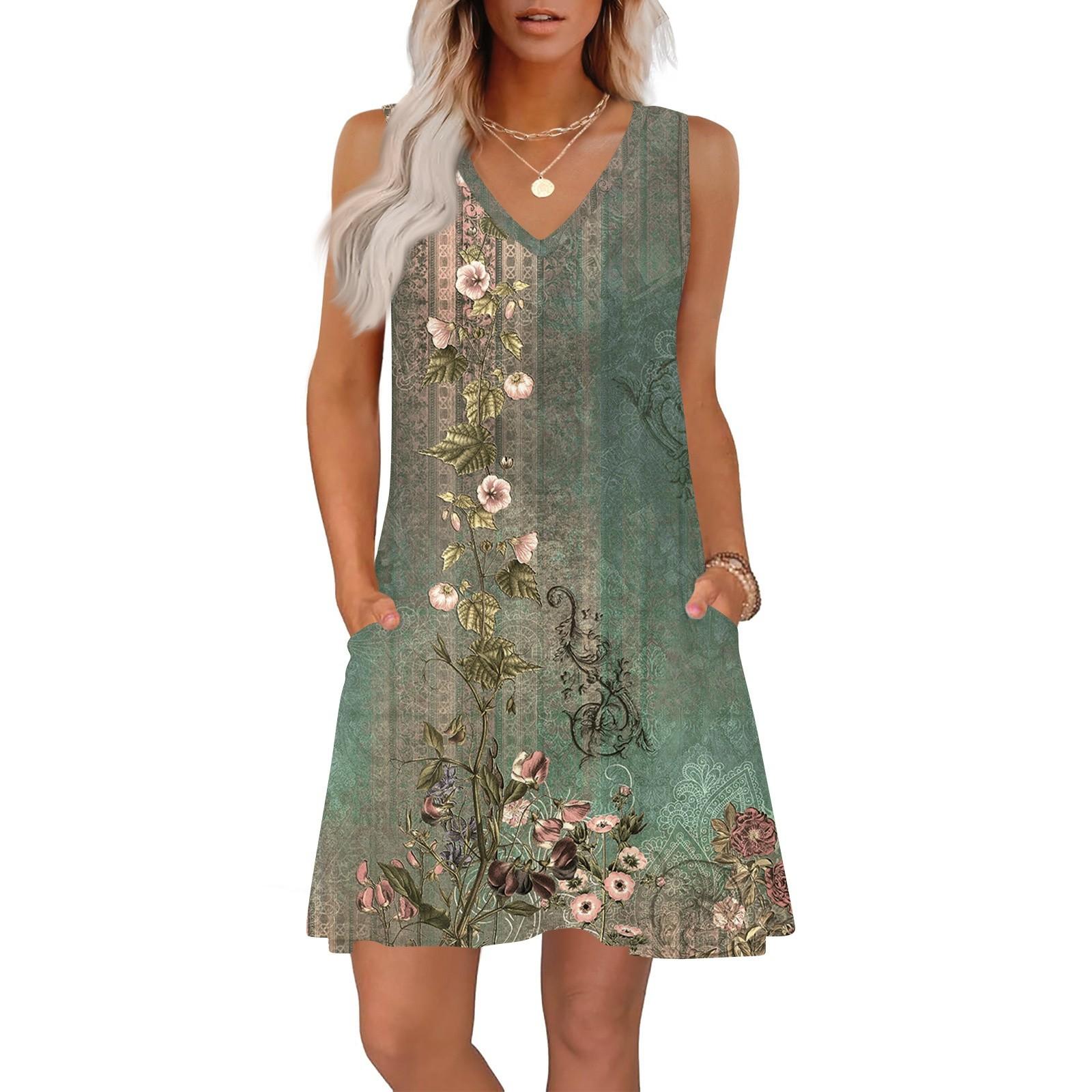 

Женские летние платья свободного кроя с принтом V-образным вырезом без рукавов сарафаны пляжное гавайское платье с карманами XXL