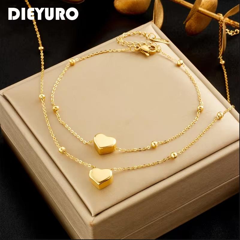 DIEYURO 316L Stainless Steel Gold Color Heart Love Chain Necklace Bracelets For Women Girl New Fashion Non-fading Jewelry Set