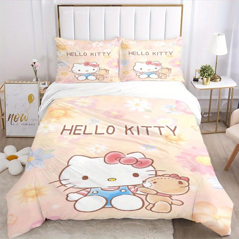 3pcs Little Bear and Hello Kitty Printed Quilt Set - Soft and Comfortable Quilt Cover for Bedroom, Guest Room and Dormitory Decorative Beddi