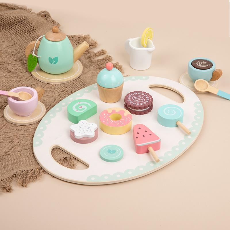 Wooden Afternoon Tea Play House Ice Cream Game, Children's Simulated Teapot Tea Set Interactive Kitchen Educational Toys