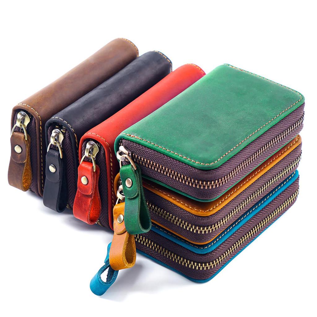 Crazy Horse Leather Car Key Holder - Top Layer Cowhide, Zipper Closure, Anti-Lost Hook, Convenient Design