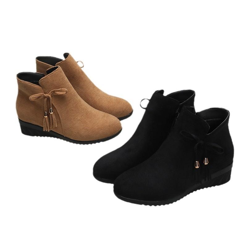 Winter new women's boots round head side zipper wedge heel women's suede large size bow solid color fashion boots