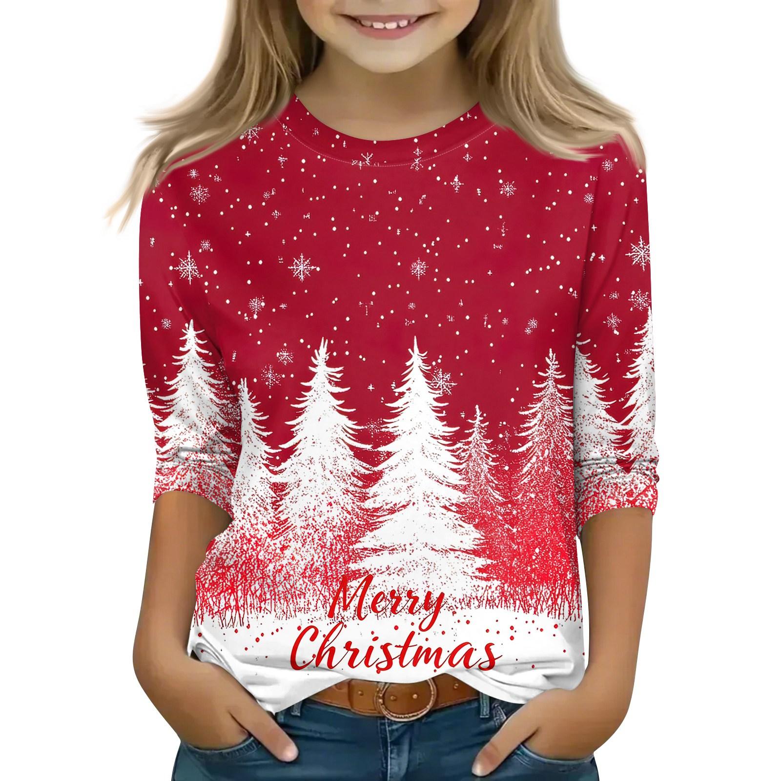 

Детские топы с рукавом 3/4, повседневная футболка с рождественским принтом, пуловер с круглым вырезом 140