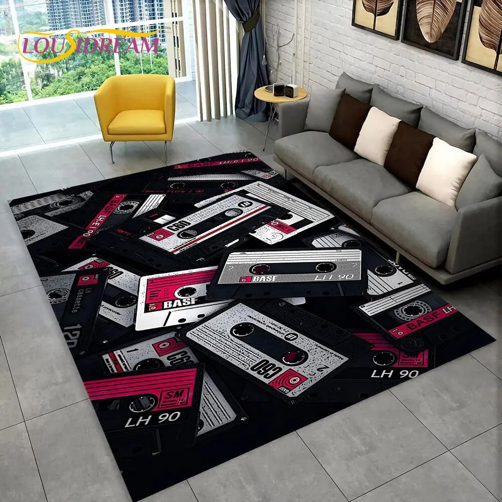 Alfombra de Área Grande con Patrón de Cinta de Cassette de Música Retro, Alfombra para Sala de Estar, Dormitorio, Sofá, Felpudo Decorativo, Felpudo Antideslizante