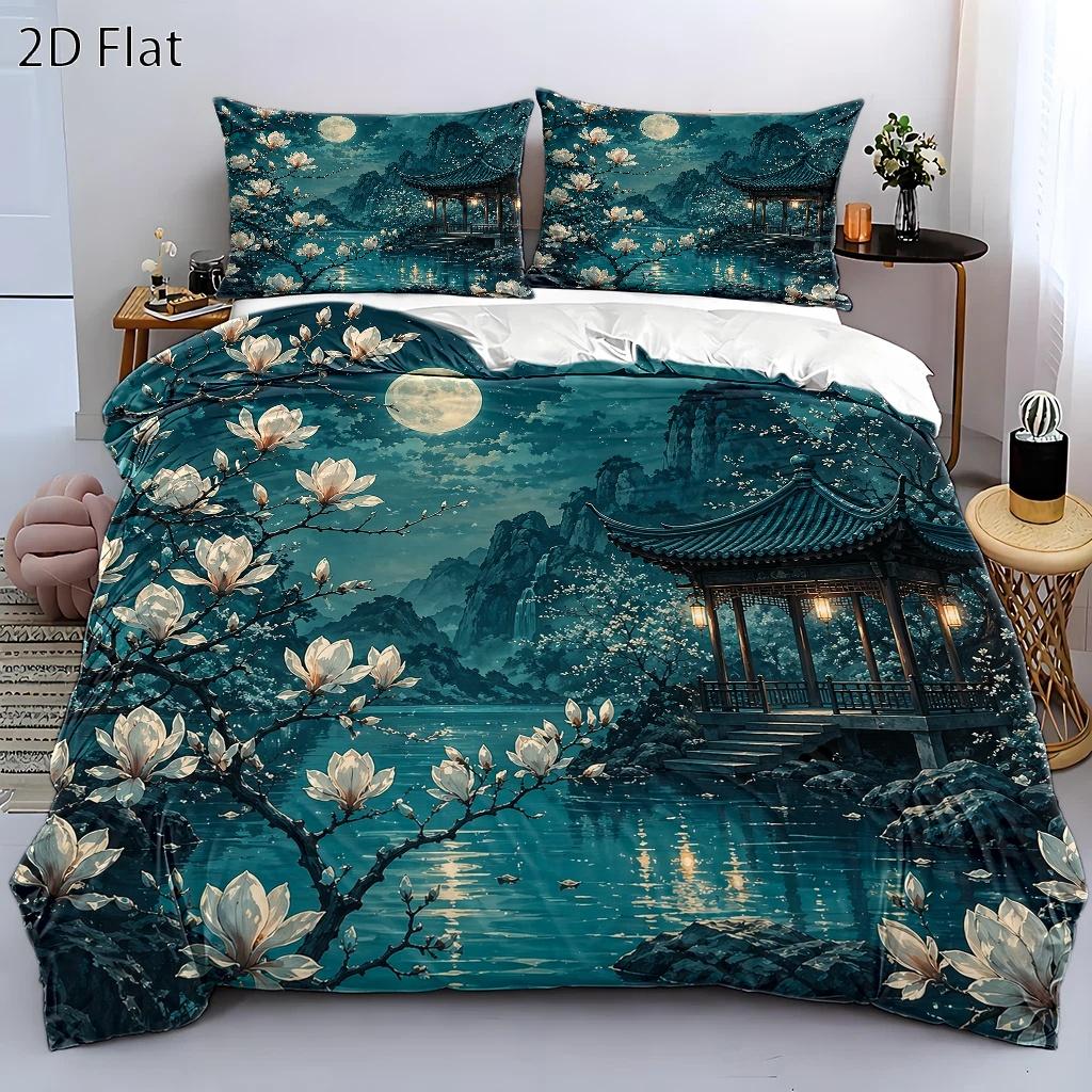 3-Piece Polyester Chinese Style Moonlit Night Magnolia Duvet Cover Set 200X230Cm Double Bed All Seasons Machine Washable