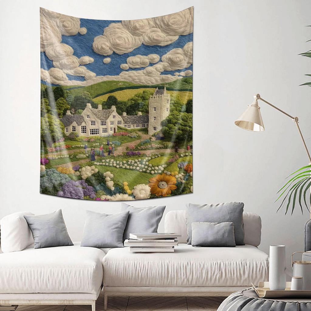 Pastoral Landscape Embroidery Tapestry Idyllic Countryside Scene Wall Decoration Hanging Fabric