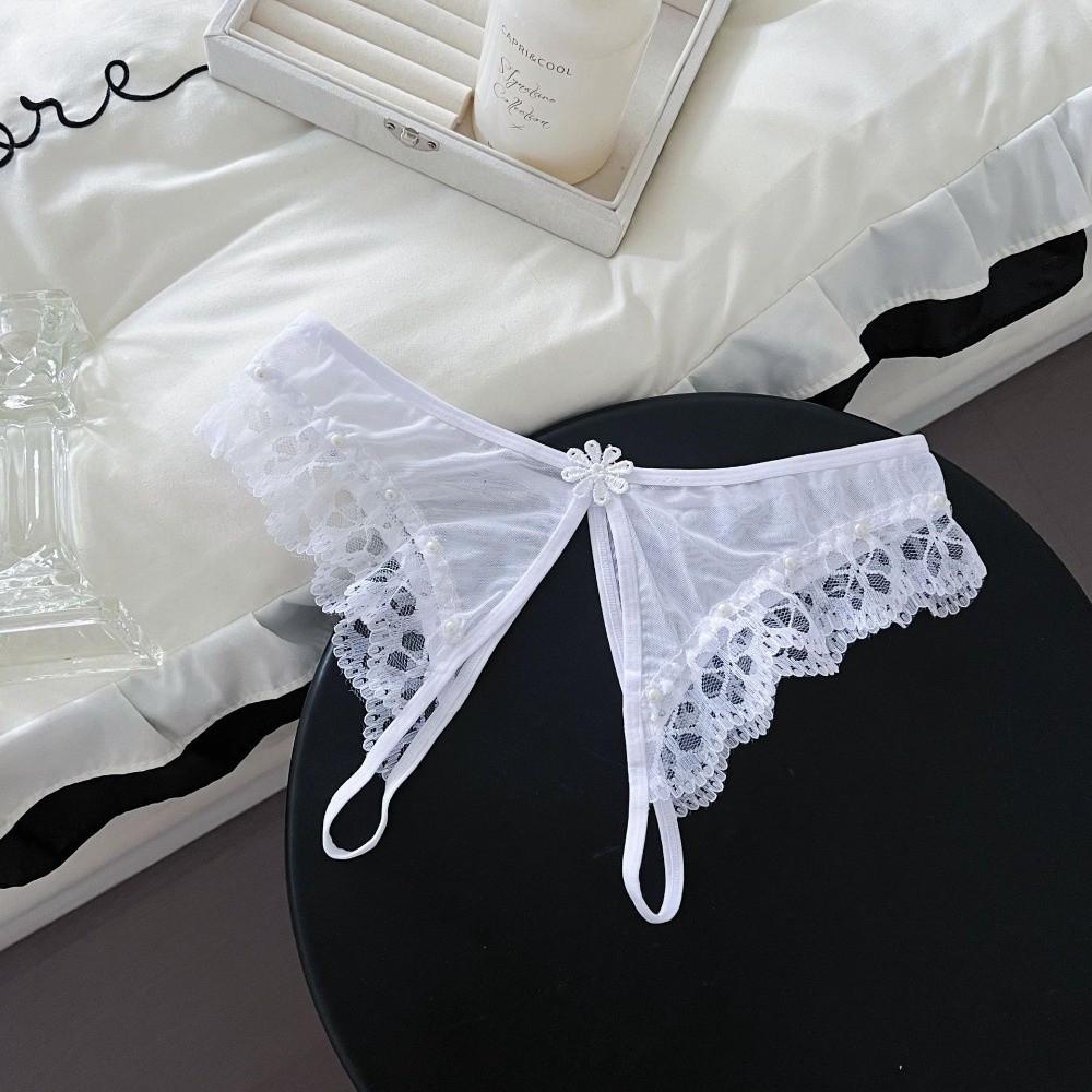 Low Waist Lace Flower Briefs Women Pearl Decor Mesh T Panties Sheer Mesh Lace Thong  Home