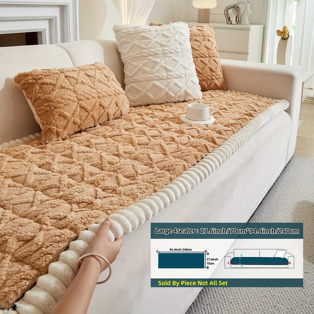 No Pillow 1pc Autumn and Winter Thickened Bohemian Style Quilted Sofa Cover with Pleats, Integrated Plush Fabric, Non-slip Protective Cover for Pets