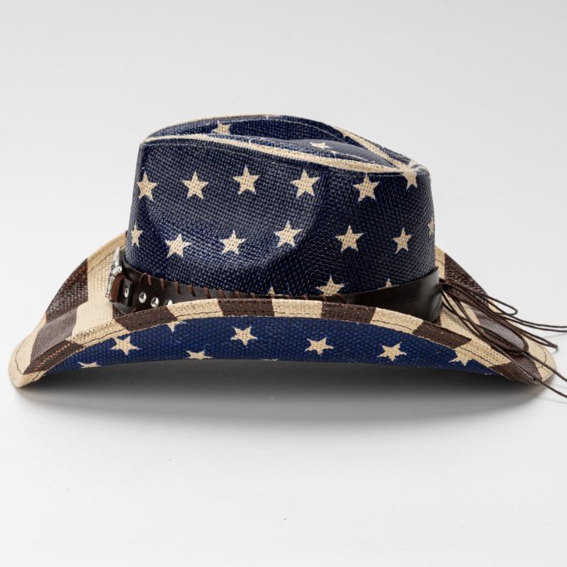 Unisex Vintage Amerikanische Flagge Print Gewebter Stroh Cowboyhut Mit Stierkopf Nietenband
