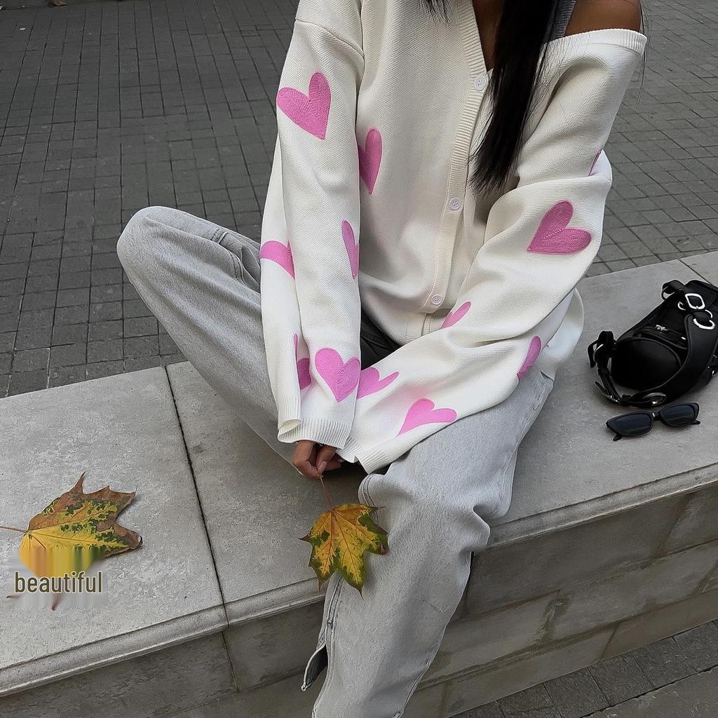 2023 European & American Style Women's Heart Embroidered Wool Cardigan - Long Sleeve, Thick Knit for Autumn & Winter