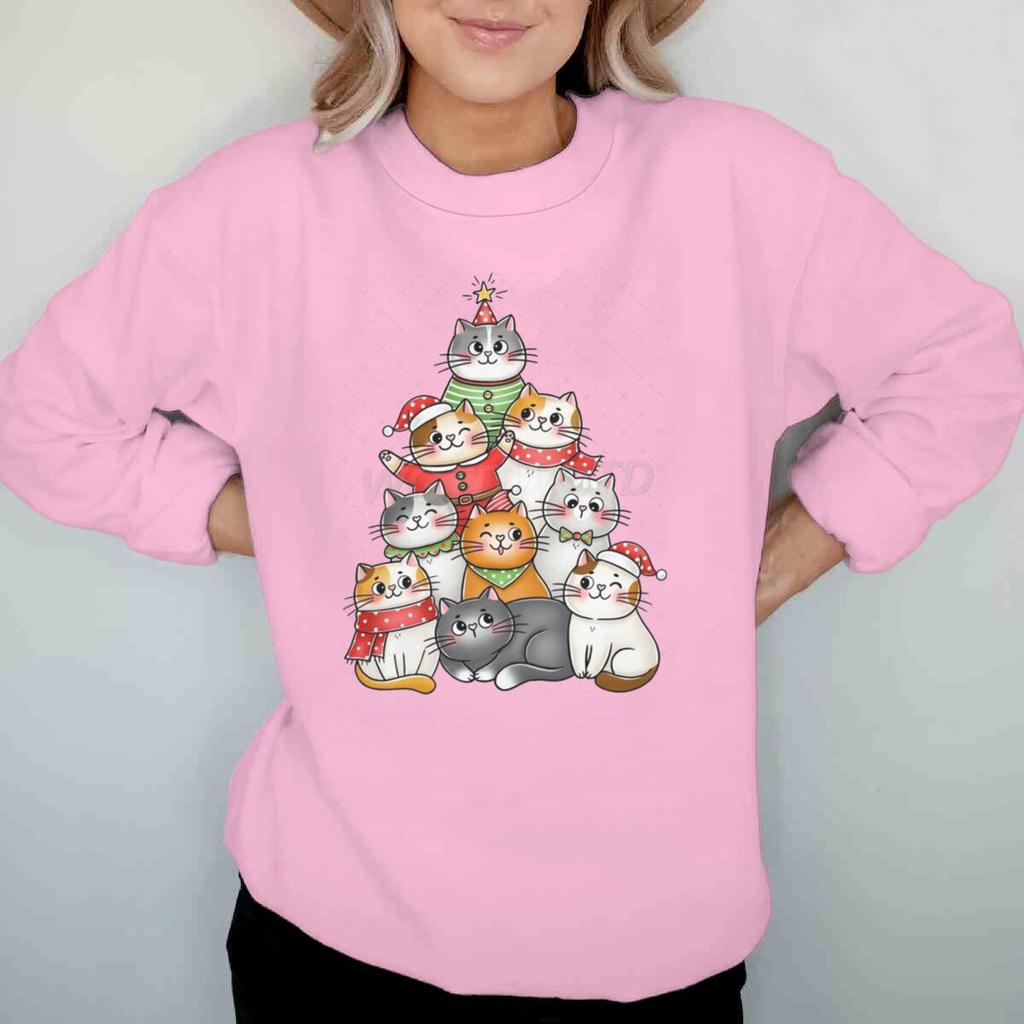 Damen Katze Kawaii Cartoon Sweatshirt Frohe Weihnachten Niedliche Tier-Pullover Lange Ärmel Meowy Christmas Cartoon Kapuzenshirt