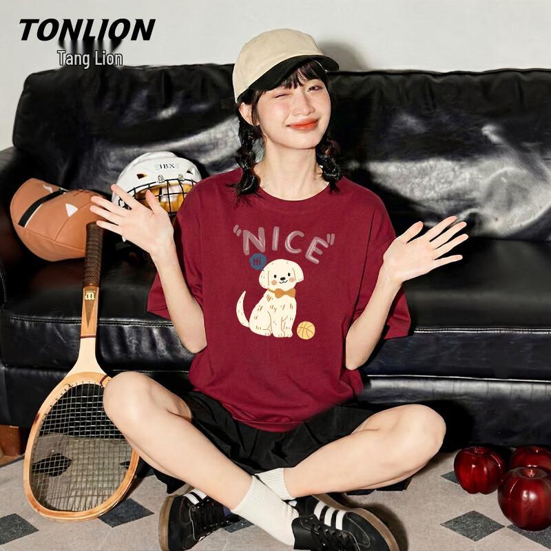 TonLion Women s Hello Puppy Print Pure Cotton Loose T-Shirt 2XL