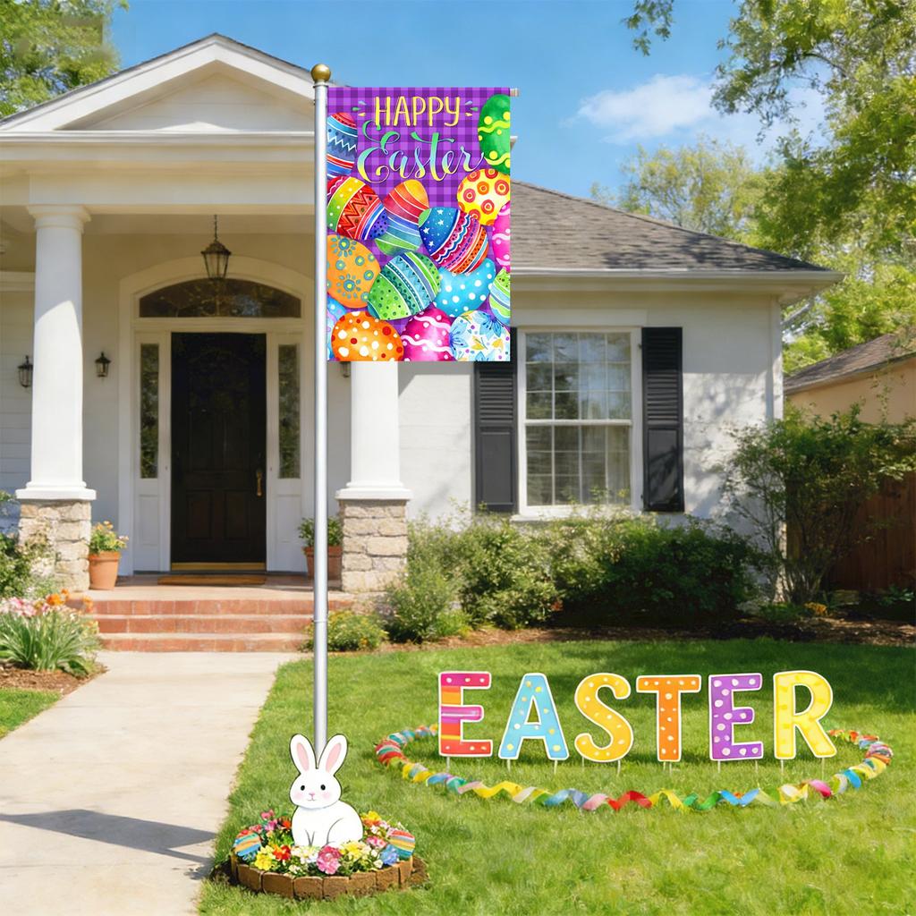 Föremål för en påskträdgård: Dubbelsidigt tryckta söta påskägg och dekorativa flaggor