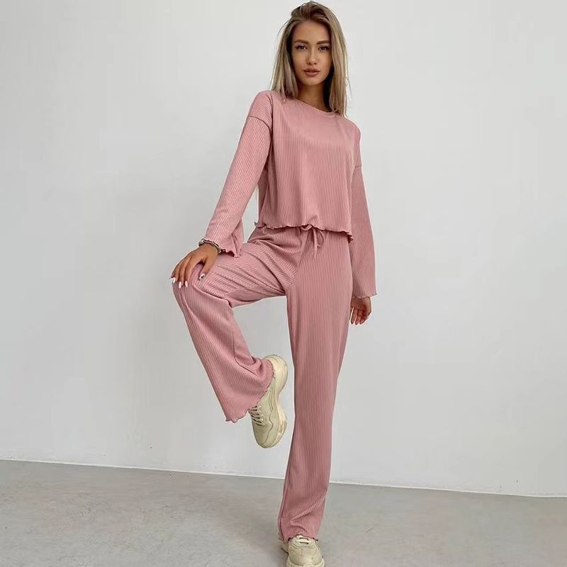 

Fashion Style Knitting Sunken Stripe Top and Trousers Suit Homewear Pit Stripe Top and Pants Set Pink L
