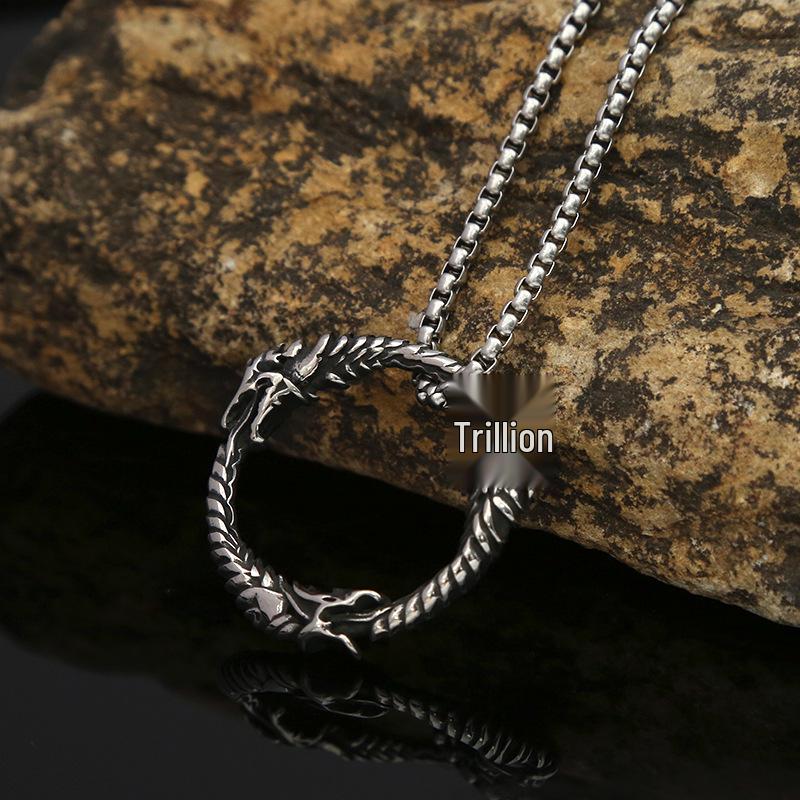 Men's Retro Titanium Steel Wolf & Dragon Head Pendant Necklace