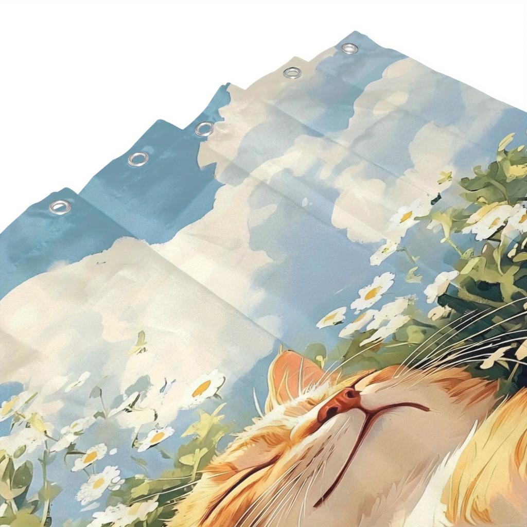 Charming Cat In Daisy Field Waterproof Shower Curtain - Serene Nature Design, Easy To Clean, Durable Fabric for Bathroom Decor