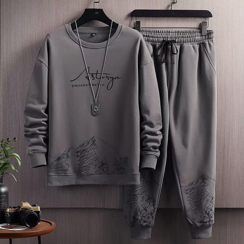 

Spring and Autumn Snow Mountain Long-sleeved Sweater Suit Men s Thin Round Neck Pullover Fashion Trend Watermark Two-piece Suit XS