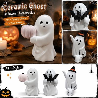 Ceramic Halloween Ghost Figurine with Bat Decorative Sculpture for Seasonal Home Display Tabletop Ornament